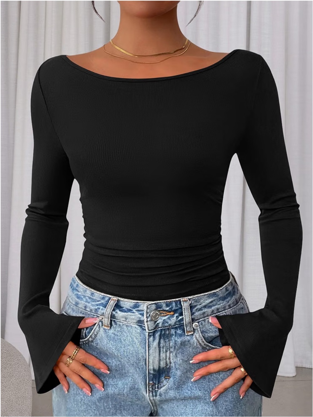 Pretty Garden Black Bell Sleeve Stretch along Sleeve Tight Fitted T-shirt xl